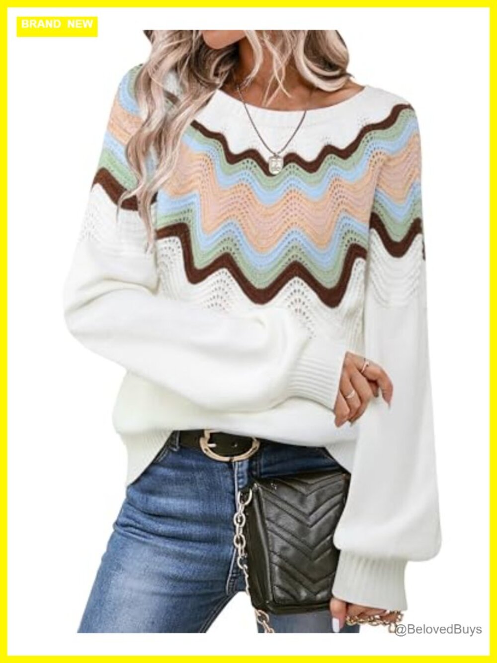 Womens Cozy Color Block Lantern Sleeve Crewneck Knit Sweater